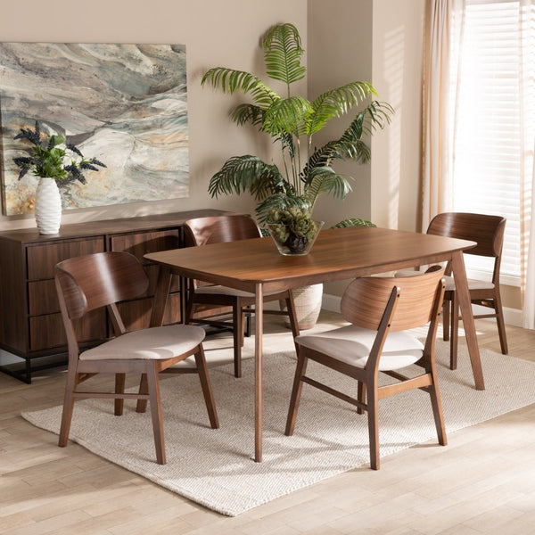 Baxton Studio Baxton Studio Alston 5-Piece Mid-Century Modern Dining Set in Beige Fabric & Walnut Finish WM1892B-Latte/Walnut-5PC Dining Set