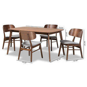 Baxton Studio Baxton Alston 5-Piece Mid-Century Modern Dining Set in Grey Fabric with Walnut Brown Finish WM1892B-Smoke/Walnut-5PC Dining Set