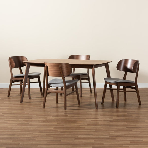 Baxton Studio Baxton Alston 5-Piece Mid-Century Modern Dining Set in Grey Fabric with Walnut Brown Finish WM1892B-Smoke/Walnut-5PC Dining Set