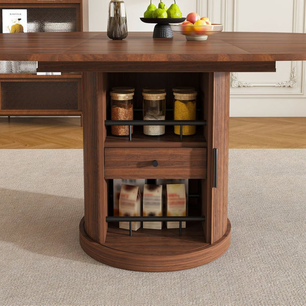 English Elm 47 Inch Extendable Round Dining Table Walnut Finish Seats 8 with Wire Grid Shelf W2700P385519