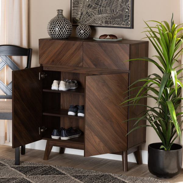 Baxton Studio Baxton Studio Hartman Mid-Century Walnut Shoe Cabinet with Storage Drawers for Stylish Entryways LV23SC23150WI-Columbia-Shoe Cabinet