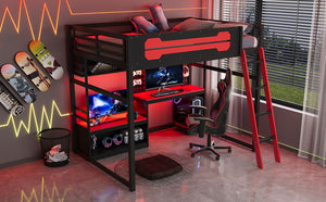 English Elm Full Size Gaming Loft Bed with Built-in Desk Led Lighting Usb Ports and Pegboard Black+Red LT000270AAR