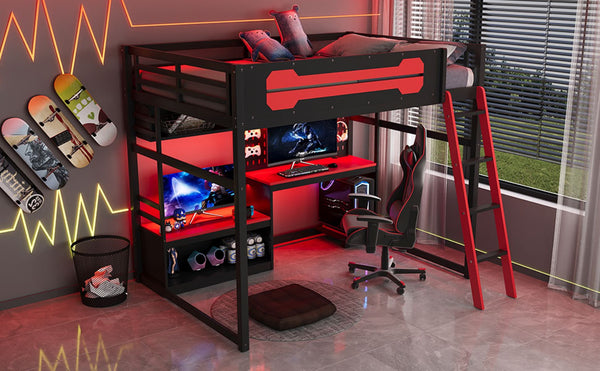 English Elm Full Size Gaming Loft Bed with Built-in Desk Led Lighting Usb Ports and Pegboard Black+Red LT000270AAR