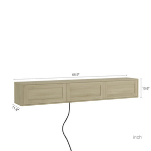 English Elm Floating Wall Mounted Tv Shelf with Led Backlight Gloss Cabinet and Built in Power Strip W1321P391272