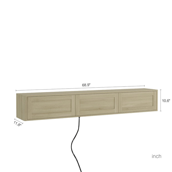 English Elm Floating Wall Mounted Tv Shelf with Led Backlight Gloss Cabinet and Built in Power Strip W1321P391272