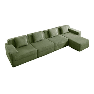 English Elm Modular L-Shaped Sectional Sofa In Plush Green Corduroy - Cloud-Like Comfort With Movable Ottoman & Pillows W3041S00335
