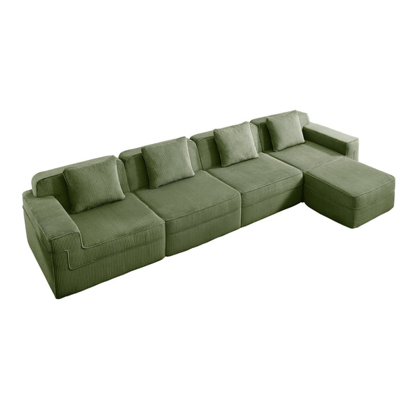 English Elm Modular L-Shaped Sectional Sofa In Plush Green Corduroy - Cloud-Like Comfort With Movable Ottoman & Pillows W3041S00335