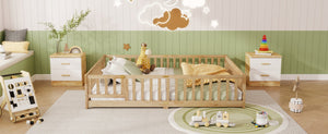English Elm Queen Rubberwood Floor Bed with Perimeter Fence and Latch Door for Toddler Safety W504P370525