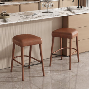 English Elm Backless Blue Fabric Upholstered Counter Stools Set of Two with Padded Seat Footrest W5096P400683