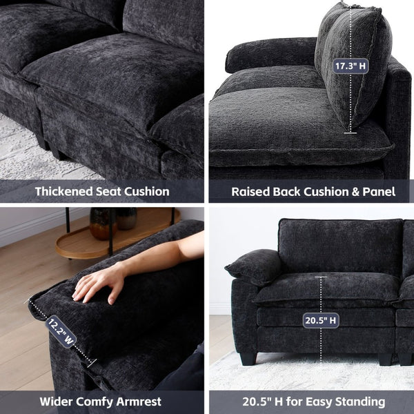 English Elm Living Room U-shape Chenille Sectional Sofa with Two Ottomans Pocket Coil Support Black W1097S00242