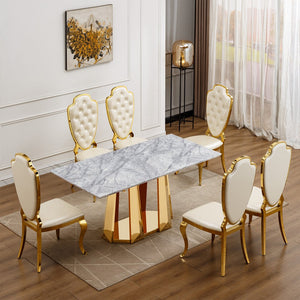 English Elm Marble Dining Table For 6-8, 70'' Rectangle Faux Marble Top With Gold Stainless Steel Base, Modern Elegance W3456S00012