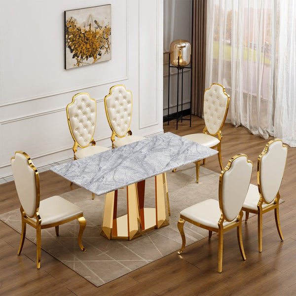 English Elm Marble Dining Table For 6-8, 70'' Rectangle Faux Marble Top With Gold Stainless Steel Base, Modern Elegance W3456S00012