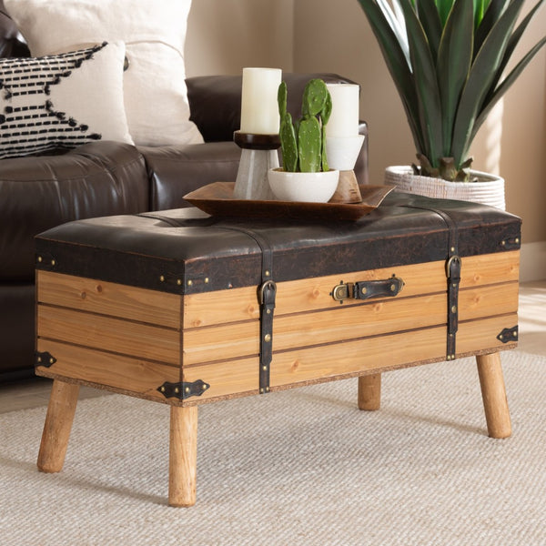 Baxton Studio Baxton Studio Rustic Storage Ottoman with PU Leather Top and Vintage Trunk-Inspired Design Large DE03A-5282-Brown-Otto-Large
