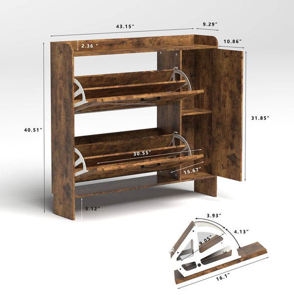 English Elm Shoe Storage Cabinet with Mirror & 2 Flip Drawers, Narrow Freestanding Organizer with Metal Legs for Entryway, Rustic Brown W2129P299615