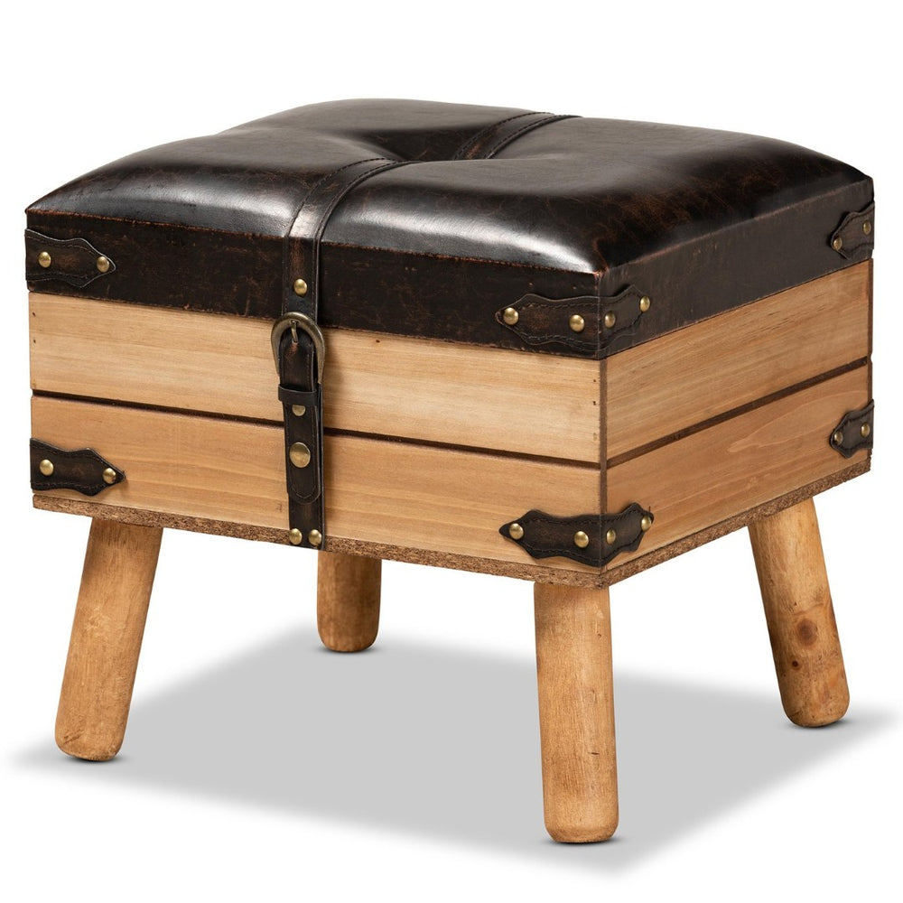 Baxton Studio Baxton Studio Rustic Storage Ottoman with PU Leather Top and Vintage Trunk-Inspired Design Small DE03A-5282-Brown-Otto-Small
