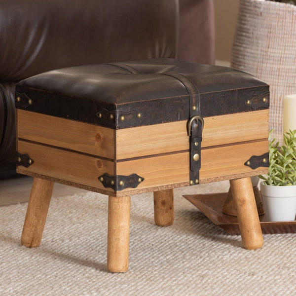 Baxton Studio Baxton Studio Rustic Storage Ottoman with PU Leather Top and Vintage Trunk-Inspired Design Small DE03A-5282-Brown-Otto-Small