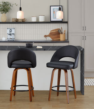 English Elm Fixed-height Swivel Counterstools Faux Leather Padded Seat Chrome Footrest Set of 2 Black B202S01844