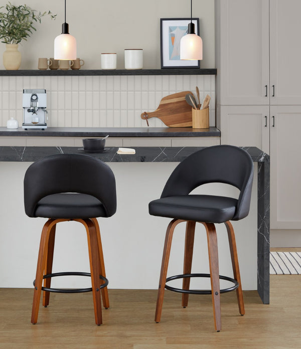 English Elm Fixed-height Swivel Counterstools Faux Leather Padded Seat Chrome Footrest Set of 2 Black B202S01844