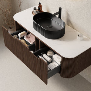 English Elm Dina Floating Bathroom Vanity with Crystal Glass Basin and Sintered Stone Top Black + Dark Walnut,Carrara White W2615S00203