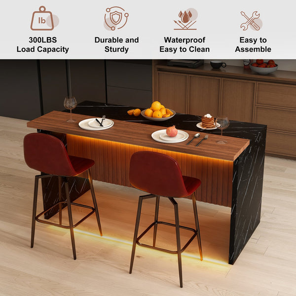 English Elm 63-Inch Modern Kitchen Island Set With 2 Bar Stools - Black Marble Surface, Led Light & Grill Design W2699S00063