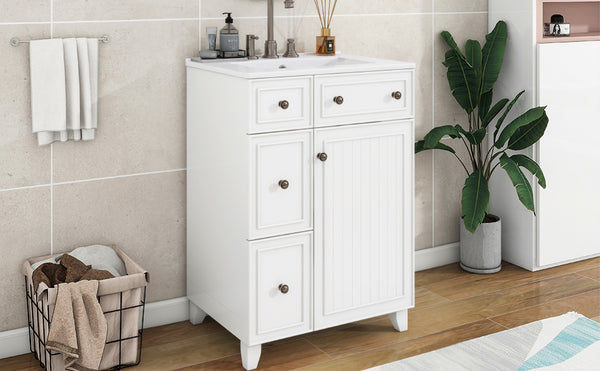 English Elm 24-Inch Bathroom Vanity Cabinet with Ceramic Sink, Space-Saving Storage, Solid Wood Feet, Durable Finish White WF532034AAK
