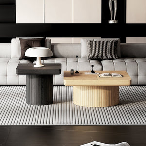English Elm Modern Parquet Wood Nesting Coffee Tables Sculptural Fluted Pedestal Living Room Set Black+Natural W1435S00033