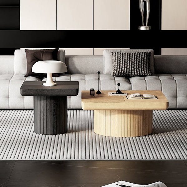 English Elm Modern Parquet Wood Nesting Coffee Tables Sculptural Fluted Pedestal Living Room Set Black+Natural W1435S00033