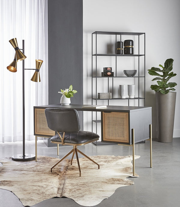 Sunpan AVIDA Desk - Premium Black Oak & Natural Rattan with Polished Gold Legs for Modern Workspaces 106838
