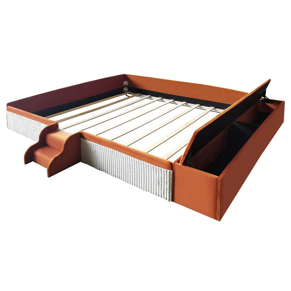 English Elm King Velvet Kids Platform Bed with Padded Guardrails Staircase and Storage Ottoman Brown+White SF000204AAD