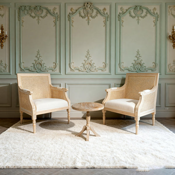 English Elm French Accent Chair Beige Upholstered Rattan Back Armchair — Vintage Solid Wood Reading Seat for Homes W3426P394275