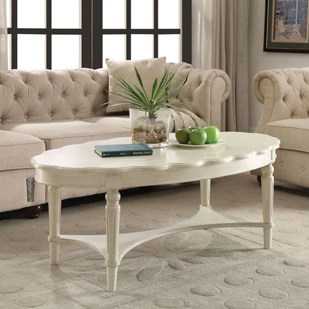 English Elm Oval Noble Scalloped Edge Coffee Table with Turned Tapered Legs and Bottom Shelf, Antique White Finish B016P310529