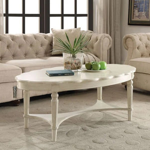 English Elm Oval Noble Scalloped Edge Coffee Table with Turned Tapered Legs and Bottom Shelf, Antique White Finish B016P310529