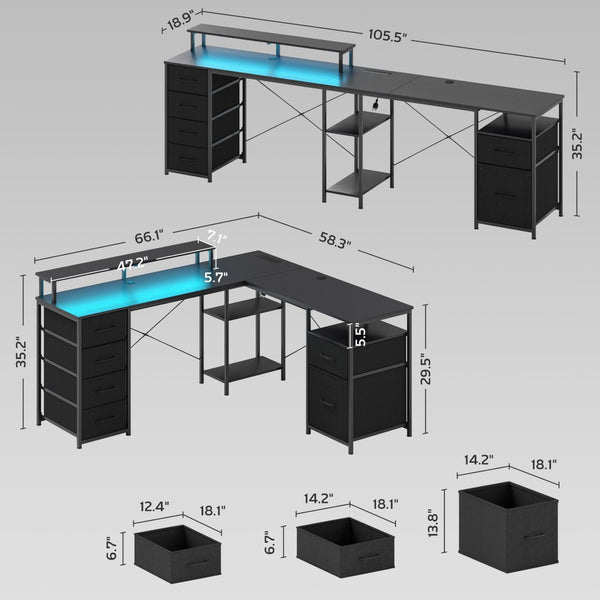 English Elm Computer L Shaped Corner Desk with Rgb Lighting Power Outlets and File Storage T3971P411781