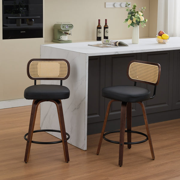 English Elm Set of 2 Rattan Counter Stools with Cane Back and PU Upholstery, 360° Swivel, Walnut Craftsmanship Black W1143P300157
