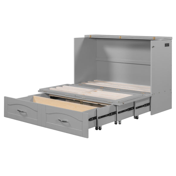 English Elm Full Size Murphy Wall Bed with Storage Drawers Usb Charging Ports and Pulley Mechanism Gray LP100670AAE