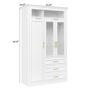 English Elm 3 Door Wardrobe Armoire Closet with LED Lighting, 4-Door Style, 3 Drawers, White Gold Accents, Spacious Storage N7090001843K