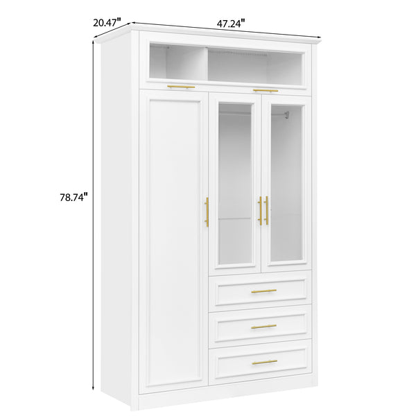 English Elm 3 Door Wardrobe Armoire Closet with LED Lighting, 4-Door Style, 3 Drawers, White Gold Accents, Spacious Storage N7090001843K