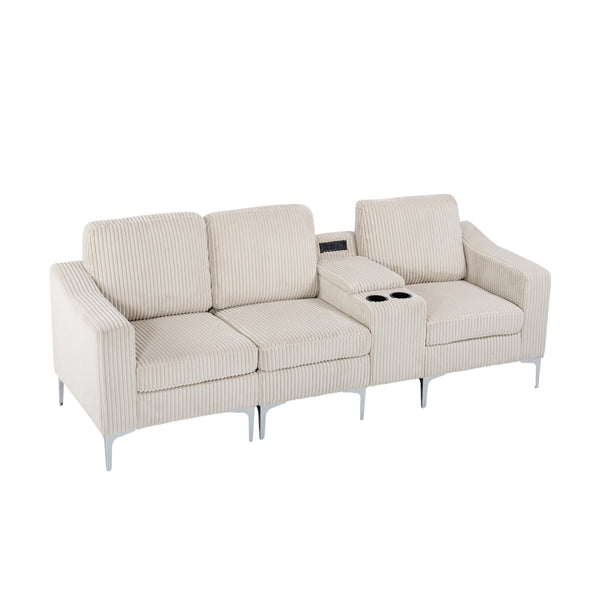 English Elm Convertible Sectional Sofa - Modern Corduroy 3-Seater With Cupholders & Usb For Ultimate Comfort W3098S00030
