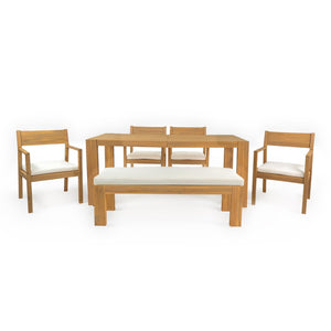 English Elm Trexm Outdoor Acacia Wood Dining Set Seats Six with Umbrella Hole and Cushioned Bench Beige,Light Teak TM000028AAD