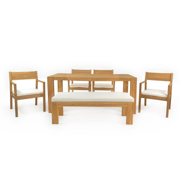 English Elm Trexm Outdoor Acacia Wood Dining Set Seats Six with Umbrella Hole and Cushioned Bench Beige,Light Teak TM000028AAD