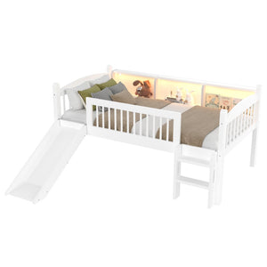 English Elm Twin Low Loft Bed Solid Pine Frame with Built-in Led Lighting and Storage Shelves Light White W1580P395928