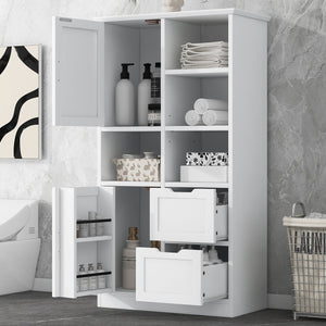 English Elm Bathroom Tall Storage Cabinet with Doors, 2 Drawers, Adjustable Shelf, Anti-Tip, MDF White, Sleek Handles WF530559AAK