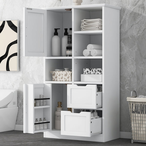 English Elm Bathroom Tall Storage Cabinet with Doors, 2 Drawers, Adjustable Shelf, Anti-Tip, MDF White, Sleek Handles WF530559AAK