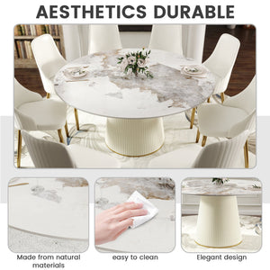 English Elm 59.05 "Elegant Round White Artificial Stone Dining Table For 8 - Modern Beige Plywood Base Design" W1535S00450