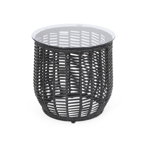 English Elm Christopher Knight Home® - ARIAS RATTAN SIDE TABLE with Tempered Glass Top, Boho Drum Design, Durable Woven Polyethylene Finish Black 65764.00BLK