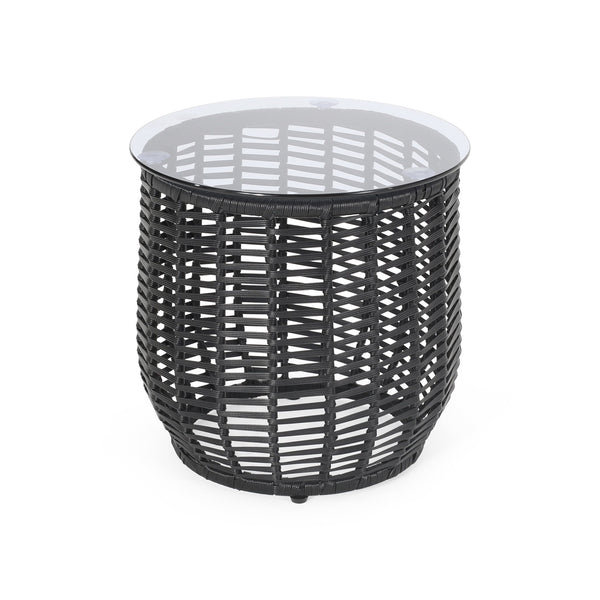 English Elm Christopher Knight Home® - ARIAS RATTAN SIDE TABLE with Tempered Glass Top, Boho Drum Design, Durable Woven Polyethylene Finish Black 65764.00BLK