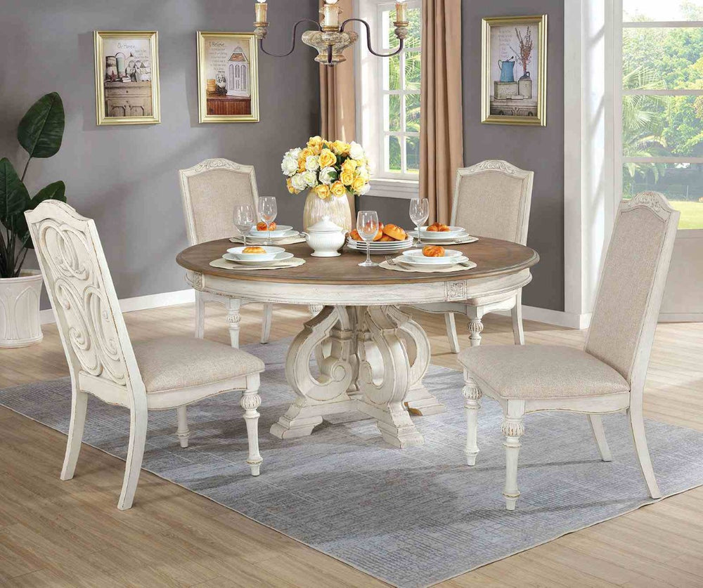 English Elm Elegant Round Pedestal Dining Set Carved Wood Table with Four Upholstered Side Chairs Antique White,Ivory B2741S00890