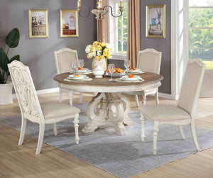 English Elm Elegant Round Pedestal Dining Set Carved Wood Table with Four Upholstered Side Chairs Antique White,Ivory B2741S00890