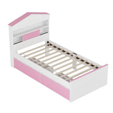 English Elm Twin Size House-Shaped Wooden Bed With Storage Shelf On The Headboard, Built-In Two Storage Drawers, Pink