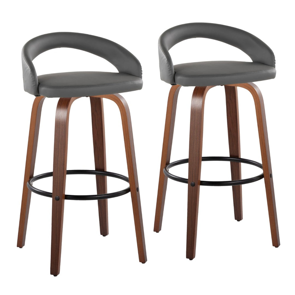 English Elm Fixed-height Swivel Barstools Walnut Bentwood Legs Grey Faux Leather Seat Set of 2 B202S01858